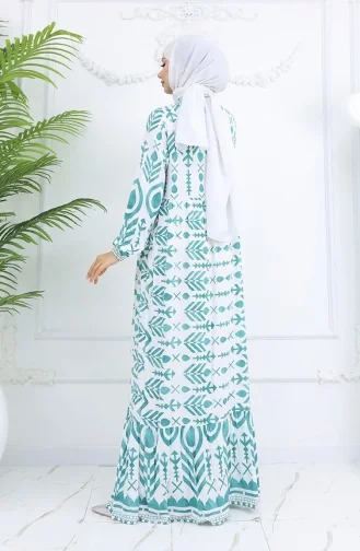 Halbgeknöpftes Viskose Gemustertes Kleid 0026-01 Mandelgrün Weiß 0026-01