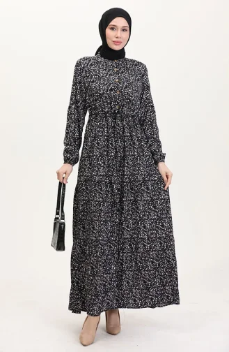 Viskon Kumaş Yarım Düğmeli Desenli Elbise 0037-02 Siyah
