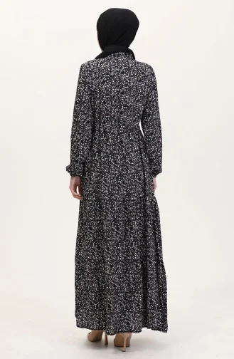 Viskon Kumaş Yarım Düğmeli Desenli Elbise 0037-02 Siyah