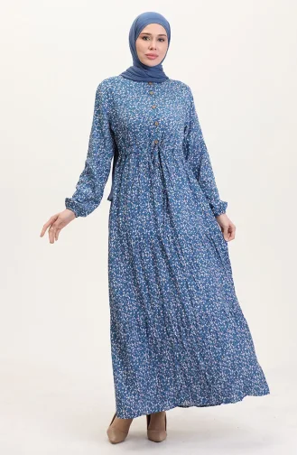 Robe à Motifs En Tissu Viscose à Demi-boutonnage 0037-03 Indigo 0037-03