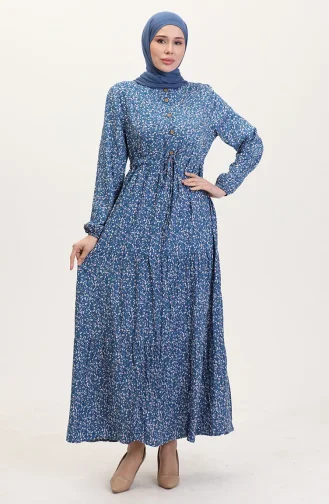 Robe à Motifs En Tissu Viscose à Demi-boutonnage 0037-03 Indigo 0037-03