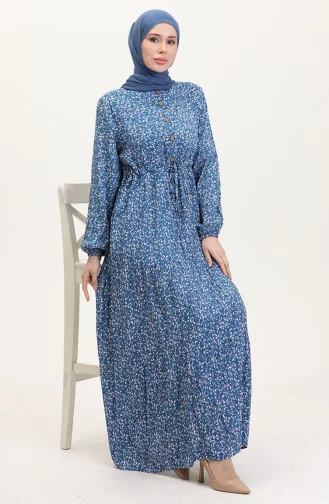 Robe à Motifs En Tissu Viscose à Demi-boutonnage 0037-03 Indigo 0037-03