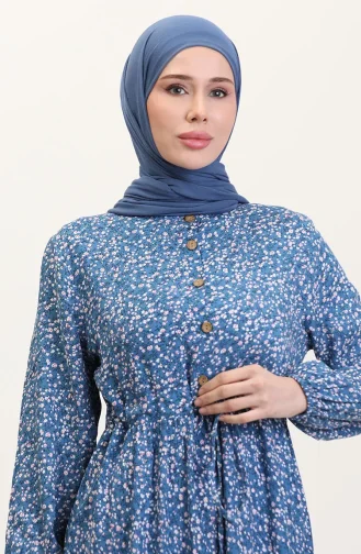 Robe à Motifs En Tissu Viscose à Demi-boutonnage 0037-03 Indigo 0037-03