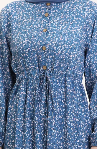 Robe à Motifs En Tissu Viscose à Demi-boutonnage 0037-03 Indigo 0037-03