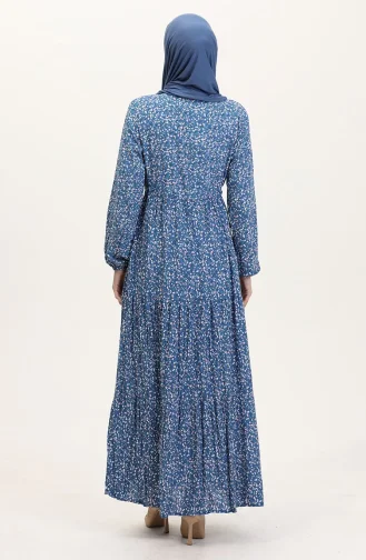 Robe à Motifs En Tissu Viscose à Demi-boutonnage 0037-03 Indigo 0037-03