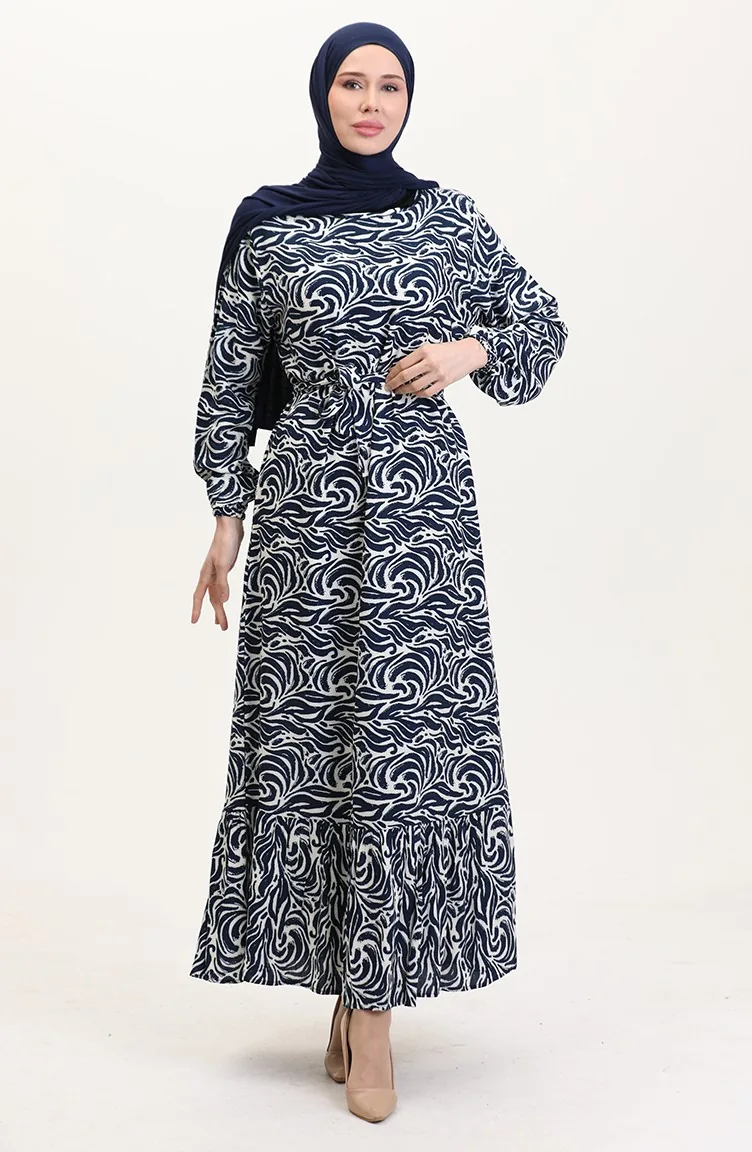Viskose Stoff Rock Mit Rüschengürtel Kleid 0038-01 Marineblau 0038-01