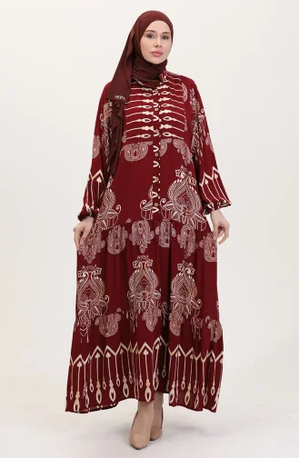 Viskon kumaş Desenli Düğmeli Elbise 2014-01 Bordo