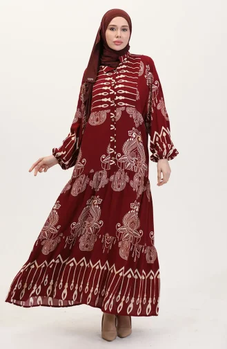 Viskon kumaş Desenli Düğmeli Elbise 2014-01 Bordo