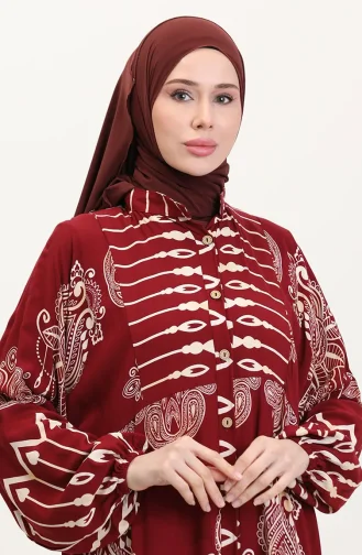 Viskon kumaş Desenli Düğmeli Elbise 2014-01 Bordo