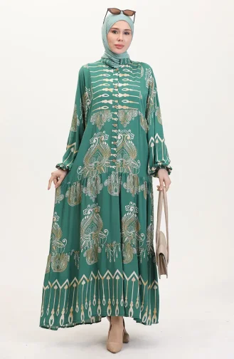 Viskon kumaş Desenli Düğmeli Elbise 2014-02 Yeşil