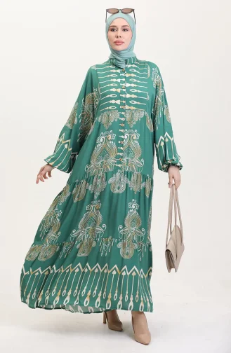 Viskon kumaş Desenli Düğmeli Elbise 2014-02 Yeşil
