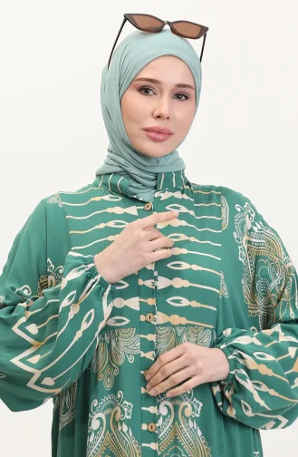 Viskon kumaş Desenli Düğmeli Elbise 2014-02 Yeşil