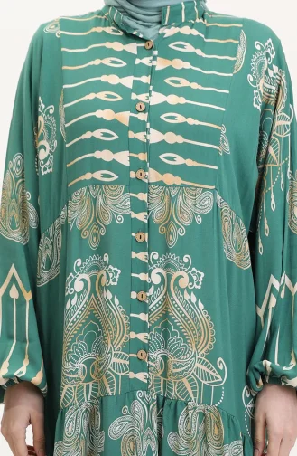 Viskon kumaş Desenli Düğmeli Elbise 2014-02 Yeşil
