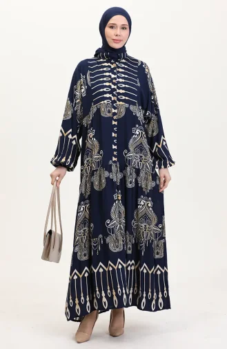 Viskon kumaş Desenli Düğmeli Elbise 2014-03 Lacivert