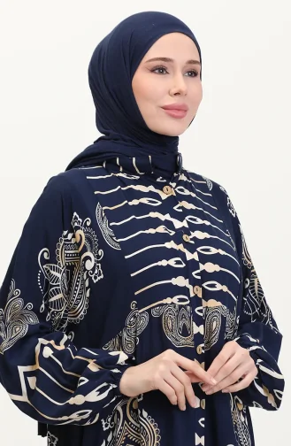 Viskon kumaş Desenli Düğmeli Elbise 2014-03 Lacivert