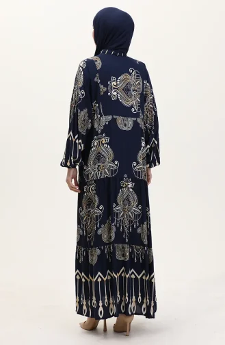 Viskon kumaş Desenli Düğmeli Elbise 2014-03 Lacivert