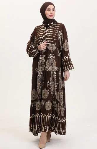 Viskon kumaş Desenli Düğmeli Elbise 2014-05 Kahverengi