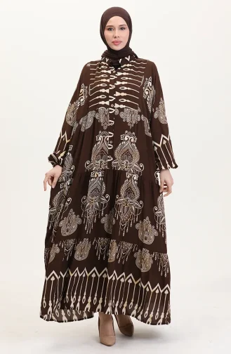Viskon kumaş Desenli Düğmeli Elbise 2014-05 Kahverengi