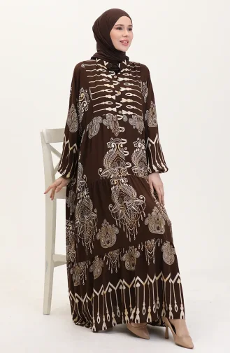 Viskon kumaş Desenli Düğmeli Elbise 2014-05 Kahverengi