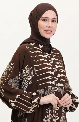Viskon kumaş Desenli Düğmeli Elbise 2014-05 Kahverengi