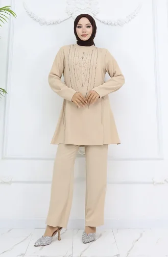 Yandan Bağlamalı Taşlı Abiye Tunik Pantolon Takım 6123-01 Vizon
