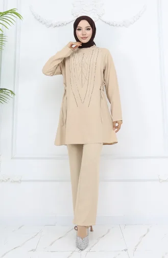 Yandan Bağlamalı Taşlı Abiye Tunik Pantolon Takım 6123-01 Vizon