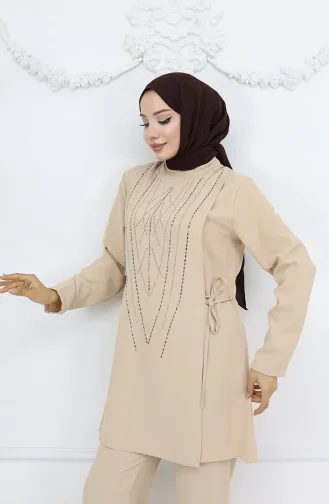 Yandan Bağlamalı Taşlı Abiye Tunik Pantolon Takım 6123-01 Vizon