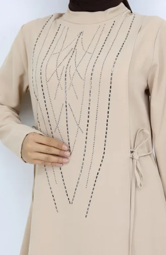 Yandan Bağlamalı Taşlı Abiye Tunik Pantolon Takım 6123-01 Vizon