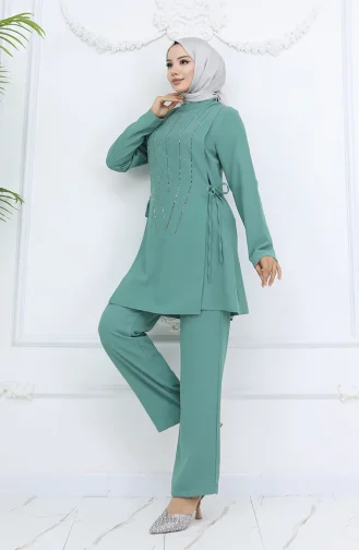 Ensemble Tunique Et Pantalon De Soirée à Nouer Sur Le Côté 6123-02 Vert Amande 6123-02