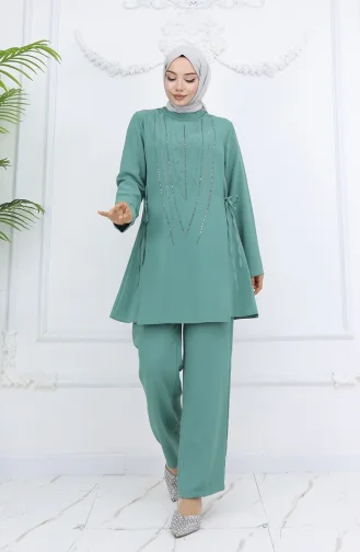 Side-Tie Stoned Evening Tunic Trouser Suit 6123-02 Almond Green 6123-02