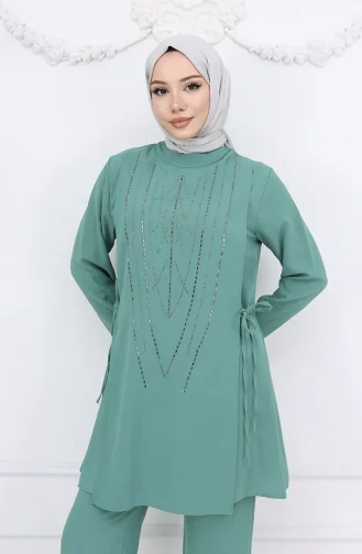Side-Tie Stoned Evening Tunic Trouser Suit 6123-02 Almond Green 6123-02