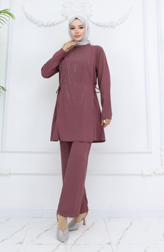 Yandan Bağlamalı Taşlı Abiye Tunik Pantolon Takım 6123-03 Gül Kurusu