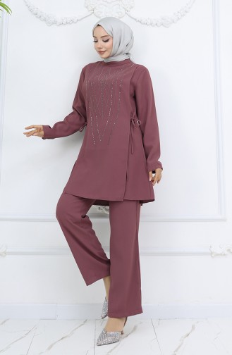 Yandan Bağlamalı Taşlı Abiye Tunik Pantolon Takım 6123-03 Gül Kurusu