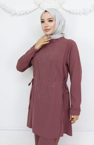 Yandan Bağlamalı Taşlı Abiye Tunik Pantolon Takım 6123-03 Gül Kurusu
