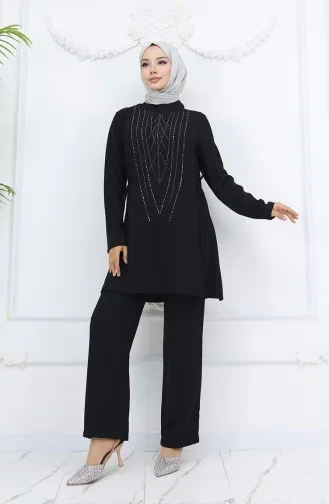 بدلة سهرة تونك بنطلون مع رباط جانبي حجري 6123-04 أسود 6123-04