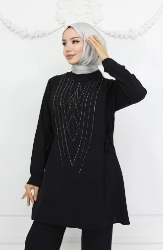 بدلة سهرة تونك بنطلون مع رباط جانبي حجري 6123-04 أسود 6123-04