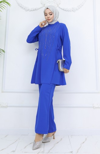 Yandan Bağlamalı Taşlı Abiye Tunik Pantolon Takım 6123-06 Saks