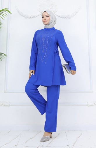 Yandan Bağlamalı Taşlı Abiye Tunik Pantolon Takım 6123-06 Saks