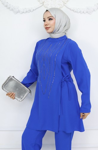 Yandan Bağlamalı Taşlı Abiye Tunik Pantolon Takım 6123-06 Saks