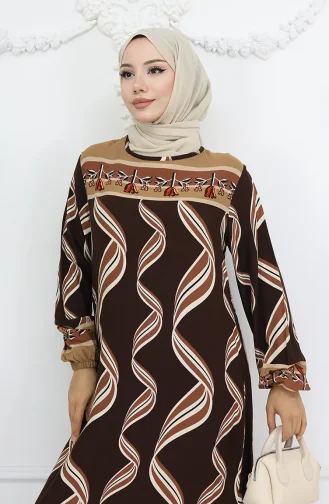 فستان من قماش الفيسكوز بأكمام مرنة 0031-04 بني 0031-04