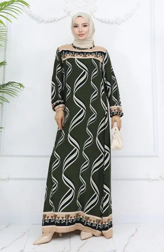 Viskon Kumaş Kol Ucu Lastikli Elbise 0031-06 Haki