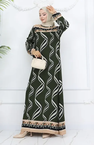 Viskon Kumaş Kol Ucu Lastikli Elbise 0031-06 Haki