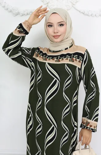 Viskon Kumaş Kol Ucu Lastikli Elbise 0031-06 Haki