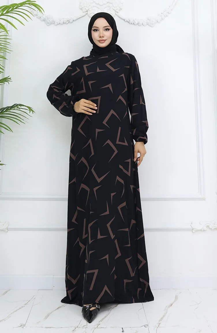 Robe En Viscose à Manches élastiques 0032-01 Vison Noir 0032-01