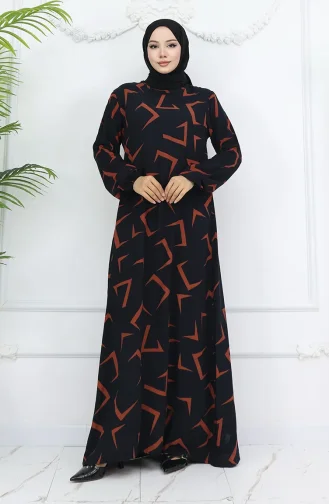 Viskon Kumaş Kolu Lastikli Elbise 0032-02 Siyah Kiremit