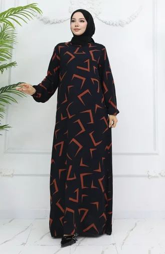 Viskon Kumaş Kolu Lastikli Elbise 0032-02 Siyah Kiremit