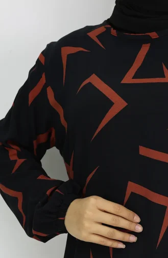 Viskon Kumaş Kolu Lastikli Elbise 0032-02 Siyah Kiremit