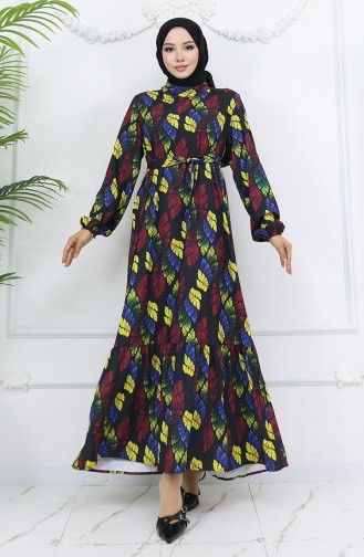Jessica Kumaş Desenli Elbise 0033-01 Siyah Sarı