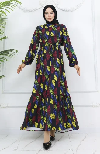 Jessica Stoff Gemustertes Kleid 0033-01 Schwarz Gelb 0033-01