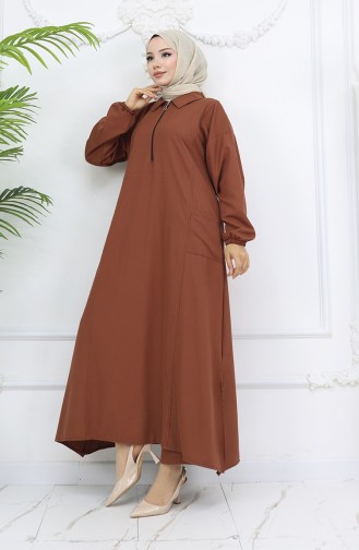 Double Kumaş Uzun Tunik Pantolon İkili Takım 0034-01 Kahverengi